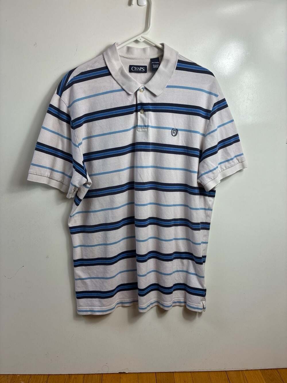Chaps Men's XXL Short‎ Sleeve Striped Pique Polo Shirt White Blue